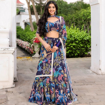 Navy Blue Forest Printed Stylish Georgette Lehenga Set D5001