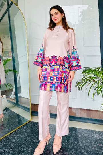 Pastel Pink Architectural Print Rayon Co-ord Set for Women U28