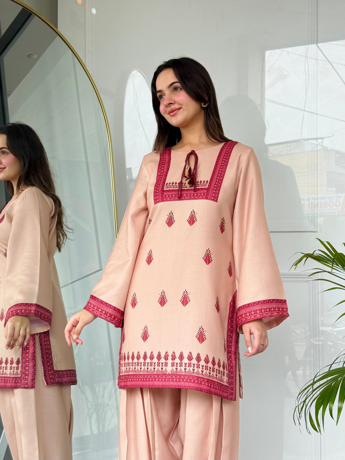 Peach Geometric Block Print Co-ord Set with Contrast Detailing U25