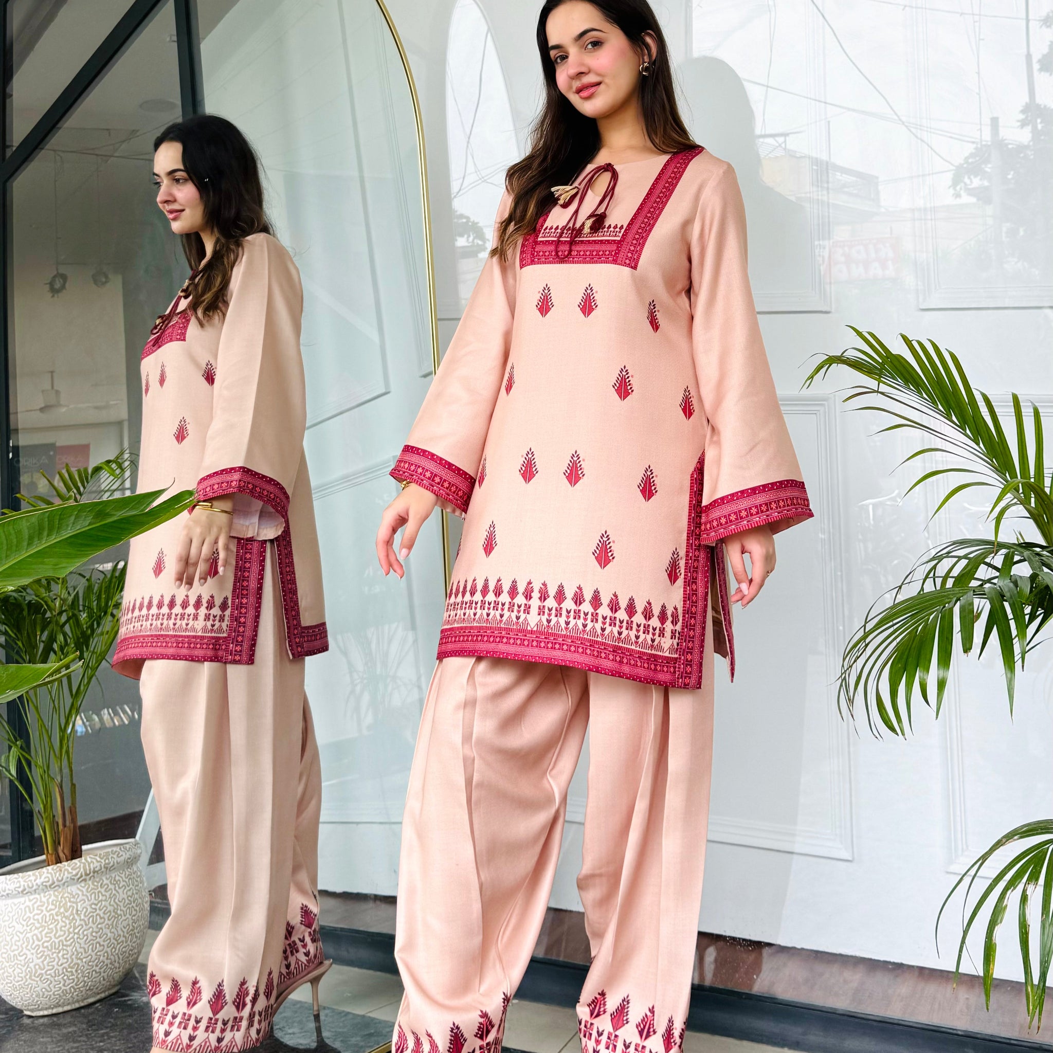 Peach Geometric Block Print Co-ord Set with Contrast Detailing U25