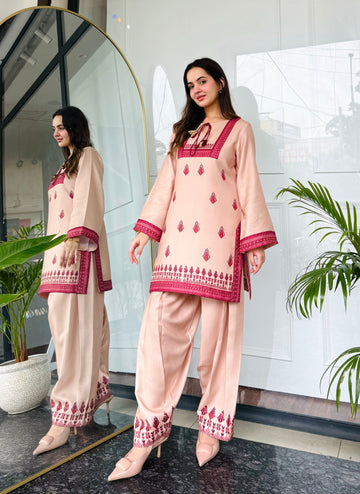 Peach Geometric Block Print Co-ord Set with Contrast Detailing U25