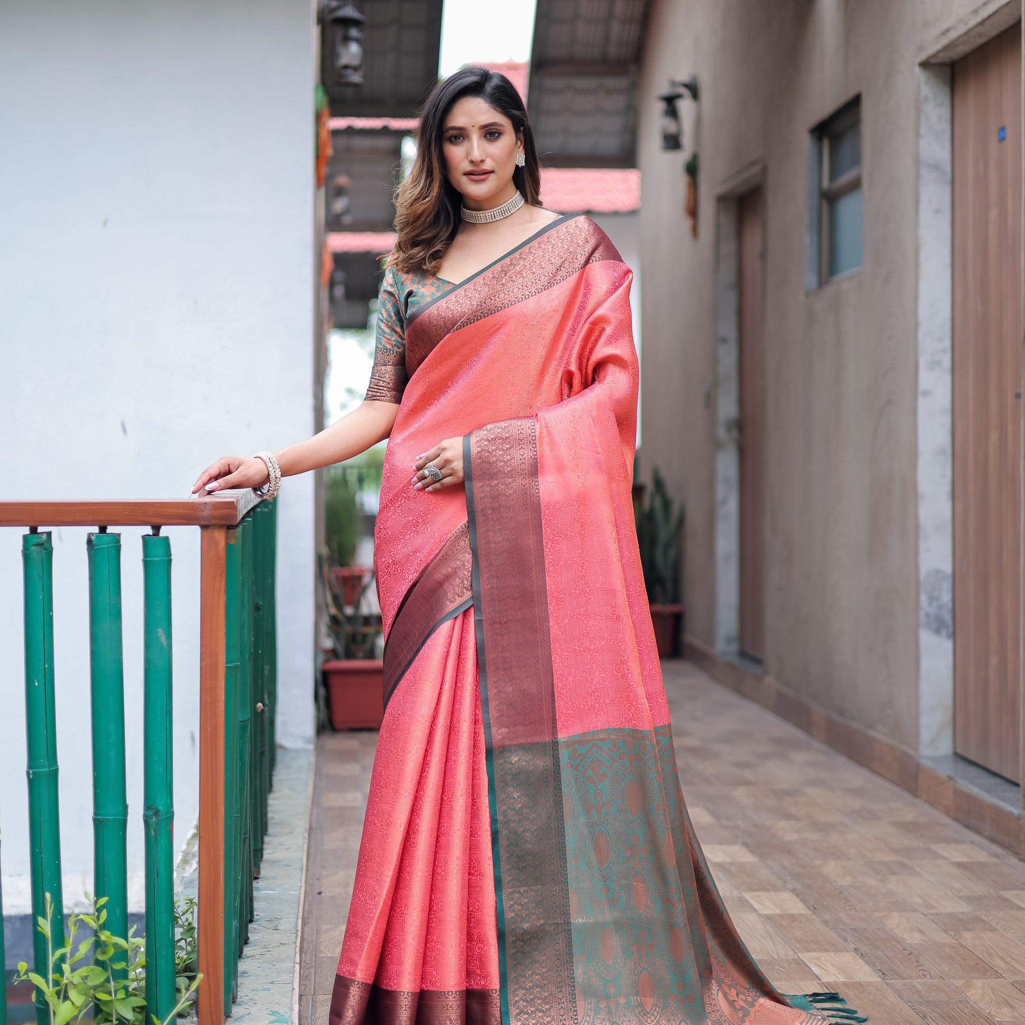 Peach Woven Design Zari Pure Silk Kanjeevaram Saree D5044