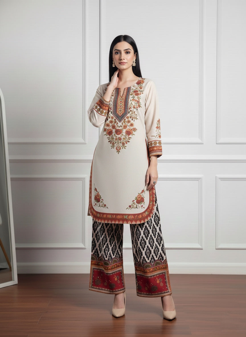 Rayon Printed Co-ord Set for Women | Floral Kurta & Ikat Palazzo Pant U34