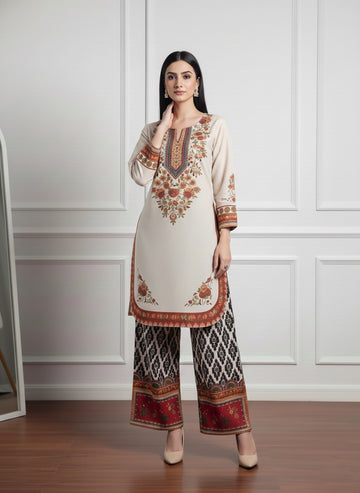 Rayon Printed Co-ord Set for Women | Floral Kurta & Ikat Palazzo Pant U34