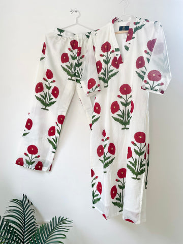 Red Flower plant print Muslin Cotton Co-ord Set D6008