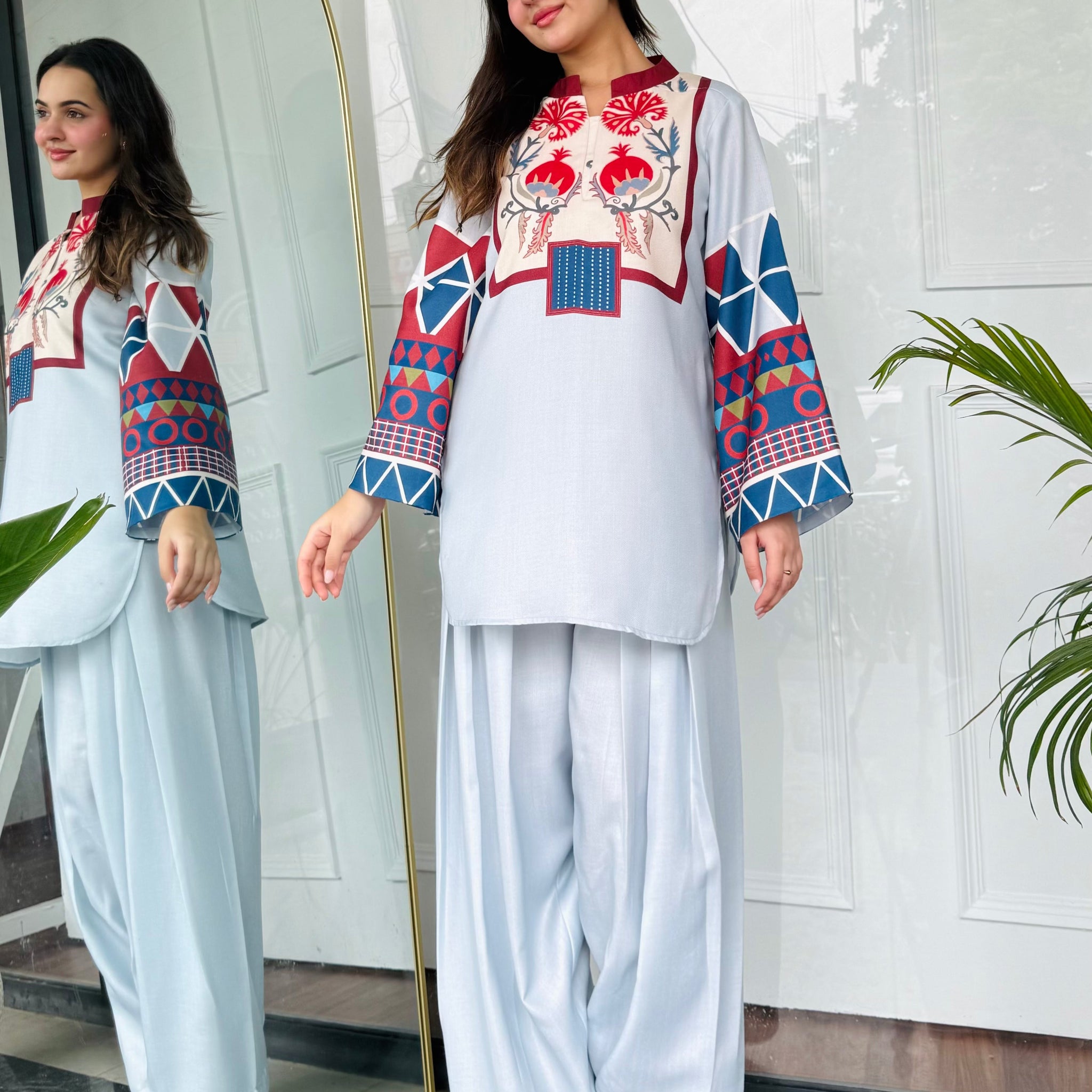 Soft Blue Co-ord Set with Bold Floral & Geometric Detailing U24