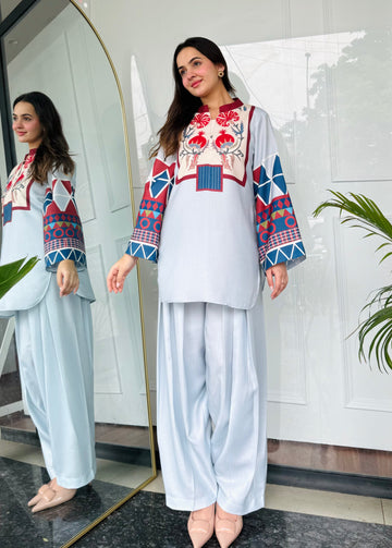 Soft Blue Co-ord Set with Bold Floral & Geometric Detailing U24