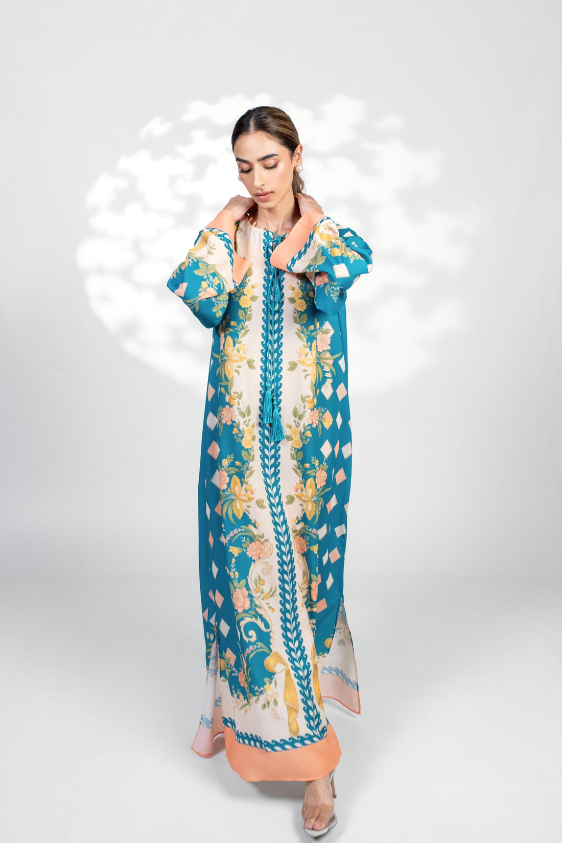 Teal Floral & Diamond Print Long Kaftan | Effortless Resort Style for Women U44
