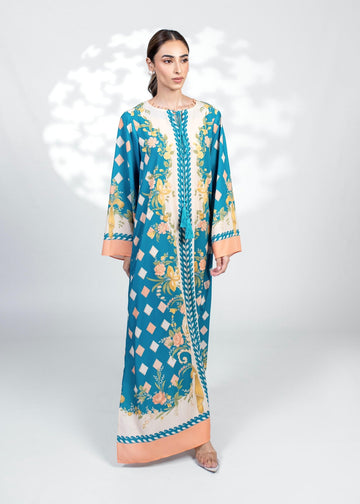 Teal Floral & Diamond Print Long Kaftan | Effortless Resort Style for Women U44