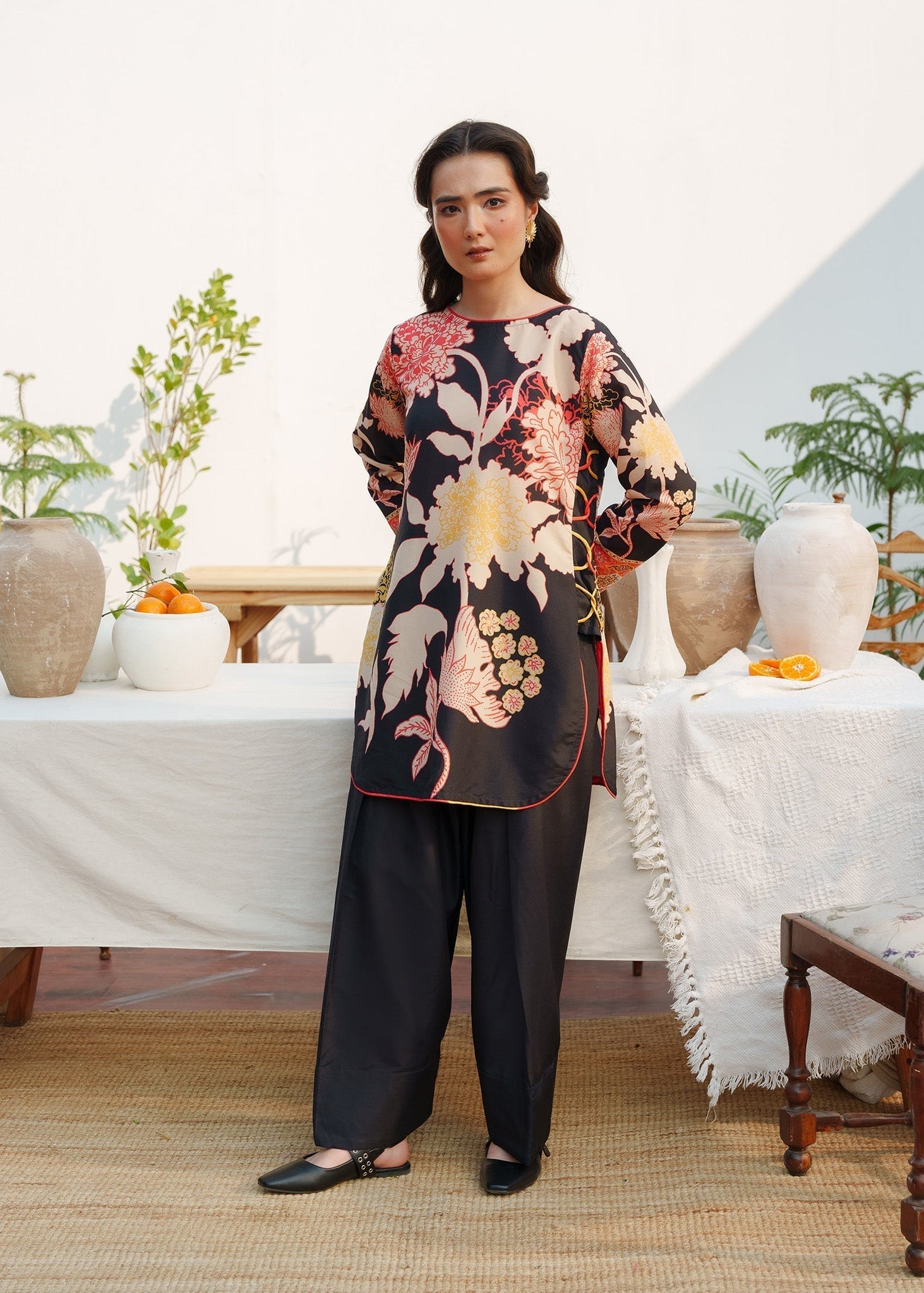 Trendy Black Floral Co-ord Set with Statement Prints U12