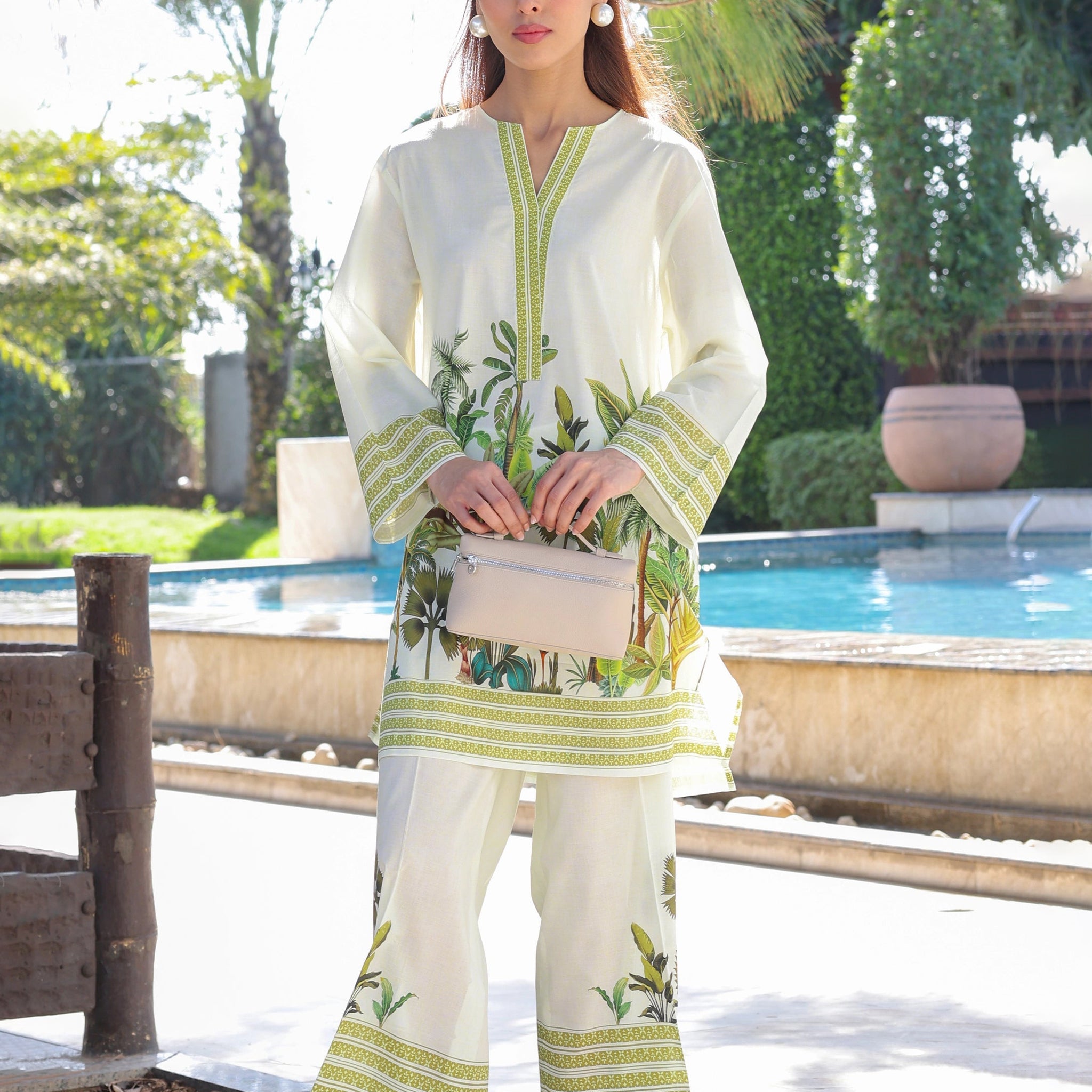 white co-ord set with green tropical botanical prints U10