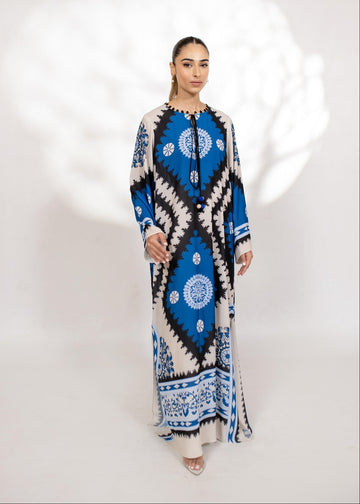 Women Blue & Ivory Geometric Ikat Print Full Length Rayon Kaftan U41