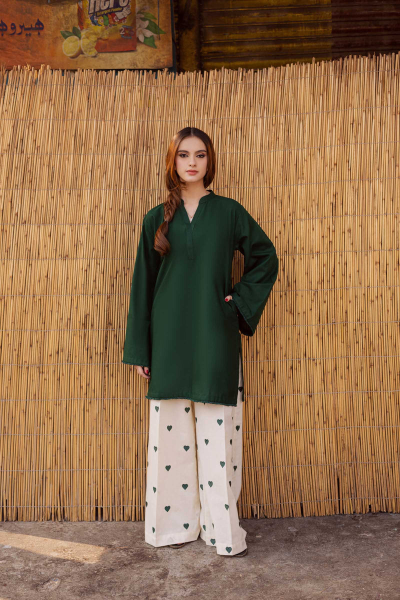 Women Bottle Green Rayon Co-Ord Set with Embroidered Palazzo Pants U59