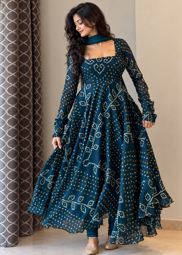 Women’s Teal Blue Bandhani Print Georgette Suit Set with Dupatta U85