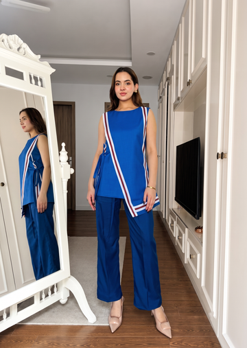 Women's Royal Blue Linen Co-Ord Set | Sleeveless Asymmetric Top with Straight Pants U74
