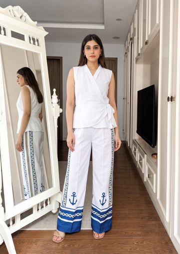Women's White Linen Co-Ord Set | Sleeveless Wrap Top & Nautical Print Pants U75