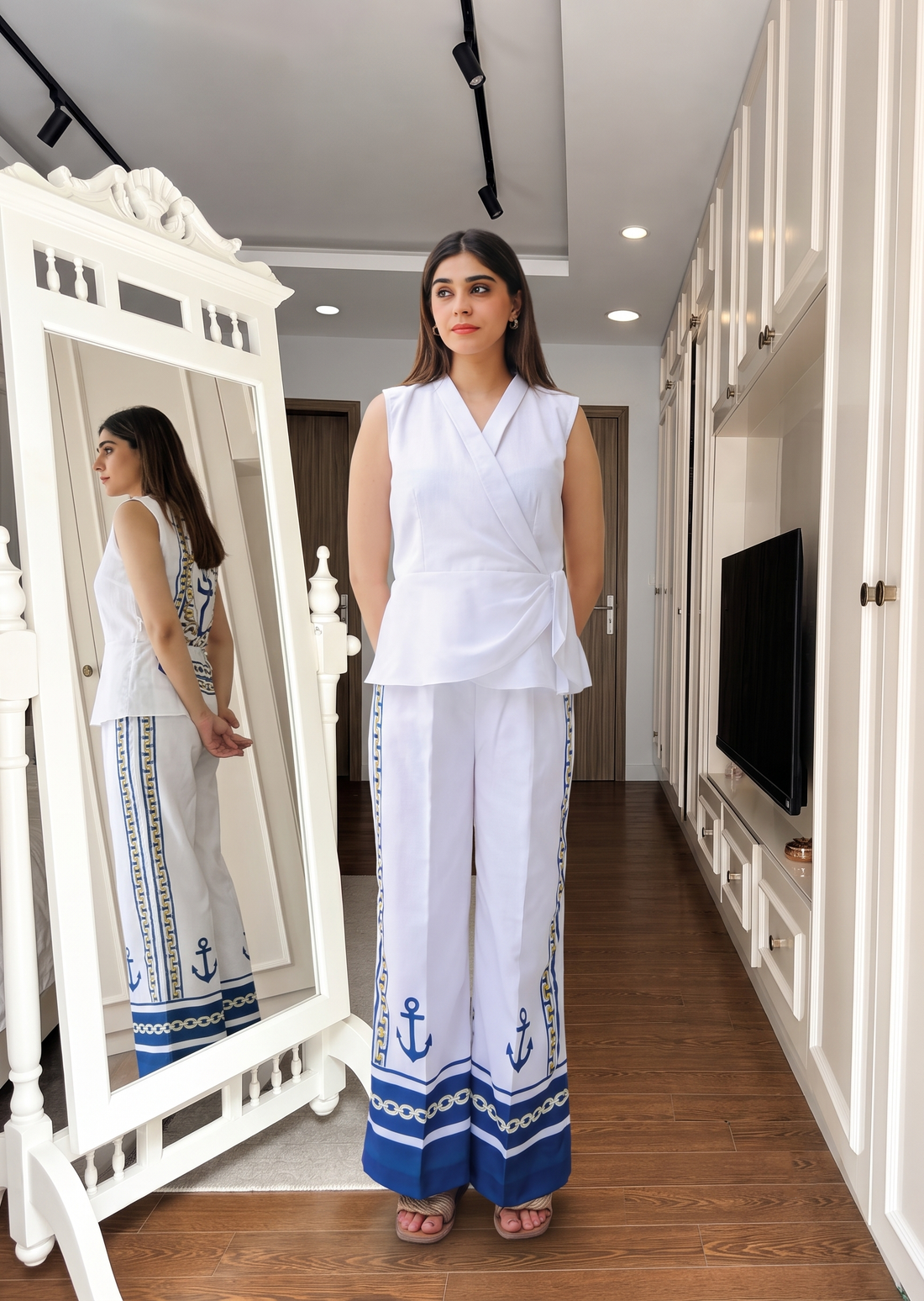 Women's White Linen Co-Ord Set | Sleeveless Wrap Top & Nautical Print Pants U75