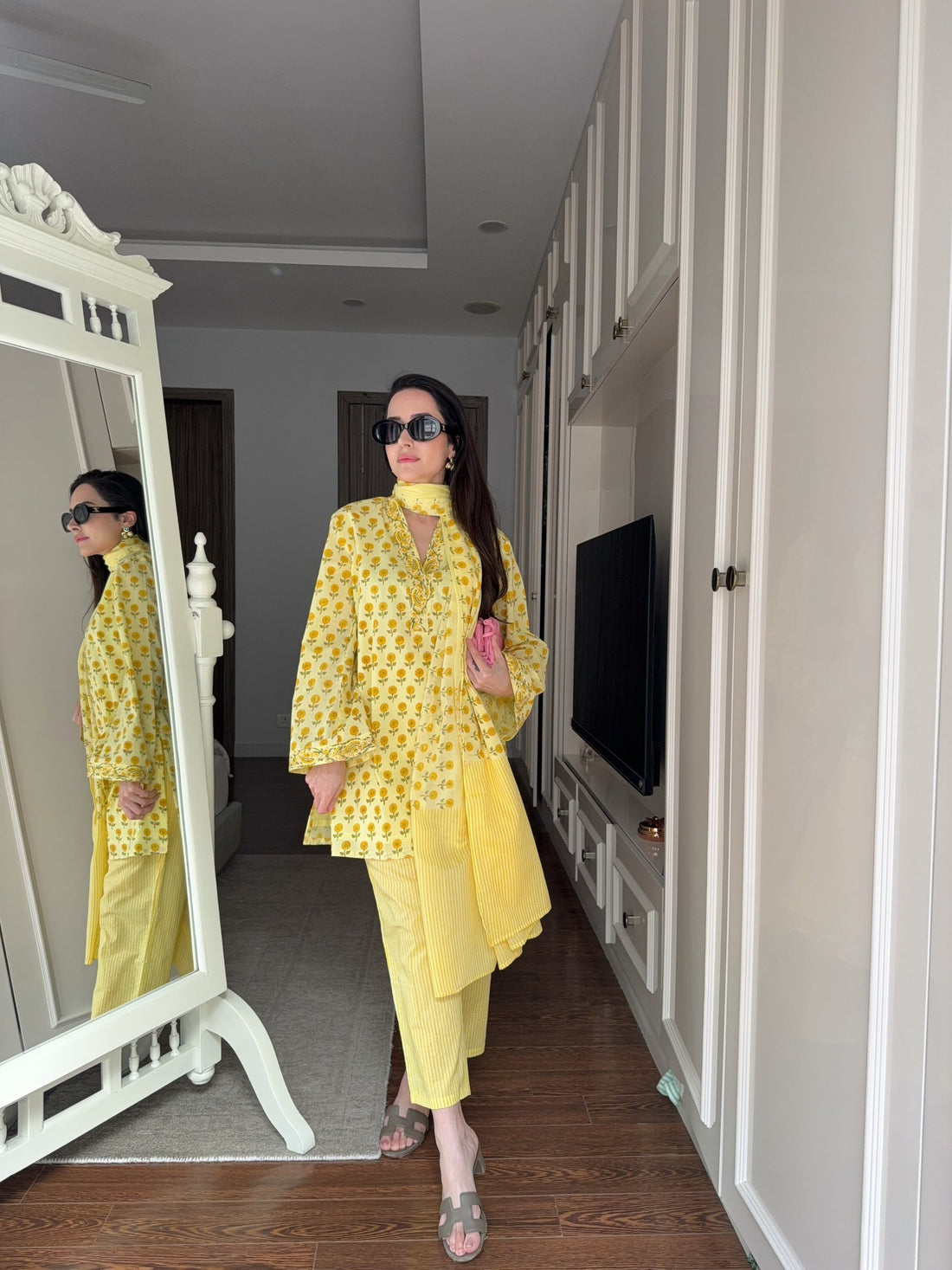 Yellow Floral Pure Mul Cotton Suit Set with Striped Pants & Dupatta U61