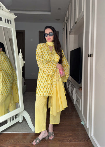 Yellow Floral Pure Mul Cotton Suit Set with Striped Pants & Dupatta U61