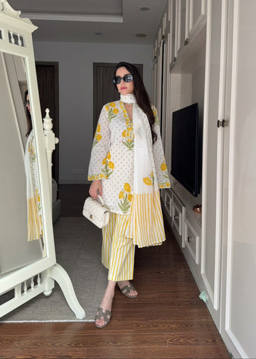 Yellow White Floral Mulmul Cotton Kurta Set with Striped Bottom and Dupatta U60