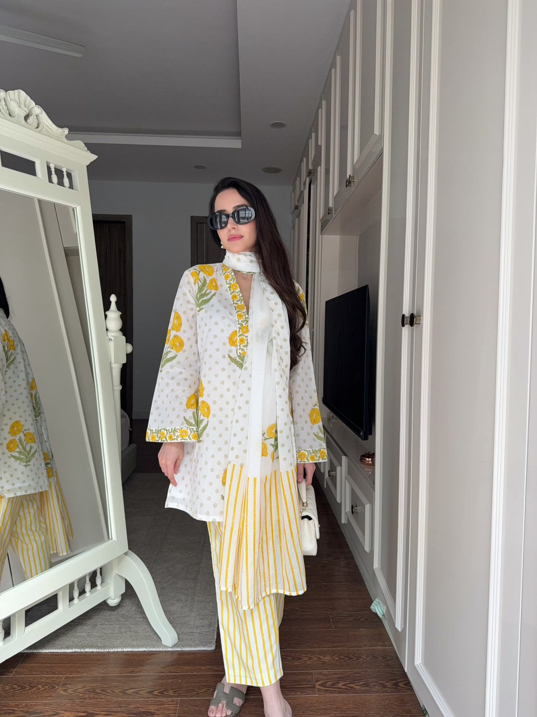 Yellow White Floral Mulmul Cotton Kurta Set with Striped Bottom and Dupatta U60